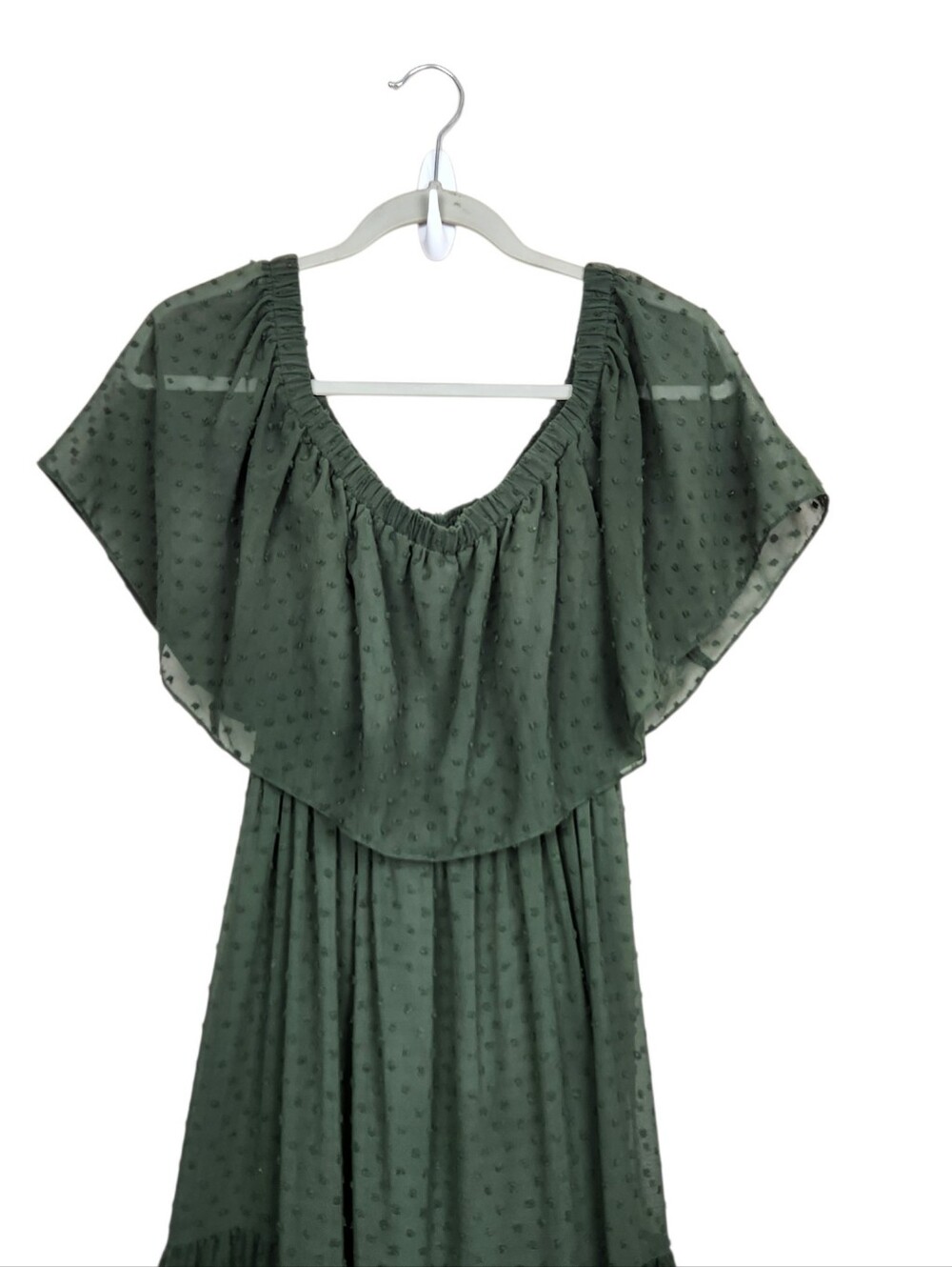 Baltic Born Olive Green Swiss Dot Off The Shoulder Tier Maxi Dress Womens Size S - Picture 3 of 12